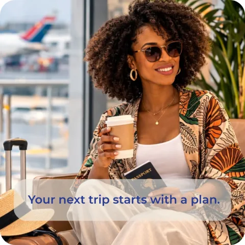 Coffer user travelling with a coffee and passport.